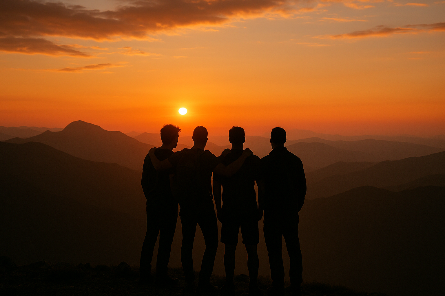 four Male friends on Mountain in evening