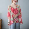 Women's Plus Size Floral Blouse – Petal Sleeve, Retro Red Flower Print, Pullover Top - Image 5