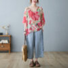Women's Plus Size Floral Blouse – Petal Sleeve, Retro Red Flower Print, Pullover Top - Image 2